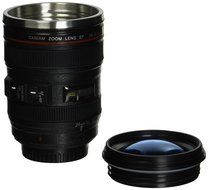 Lens Style Stainless Steel Travel Coffee Mug/Thermos with Leak-Proof Lid, 24-105mm, Black with Transparent Lid N4