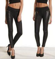 PHOTNO Women Leather Look Panel Leggings Jeggings Zip Stretch Trousers Black N5