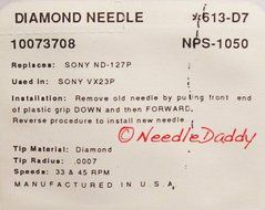 STEREO RECORD NEEDLE STYLUS for Sony VX23P ND127P ND-127P Sony VX-23P 613-D7 N3