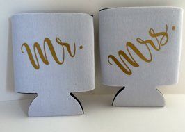 Mr and Mrs Can Coolers, White & Gold Can Insulators, Couples Gifts Set N2