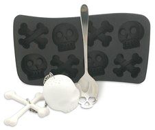 Skull Tea Set: Strainer Infuser, Ice Cube Tray, Teaspoon - Stocking Stuffer Gift (Black Magic)