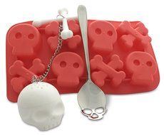 Skull Tea Set: Strainer Infuser, Ice Cube Tray, Teaspoon - Stocking Stuffer Gift (Black Magic) N3