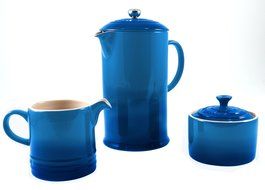 Le Creuset Marseille Blue Stoneware French Press Coffee Maker With Matching Cream and Sugar Set