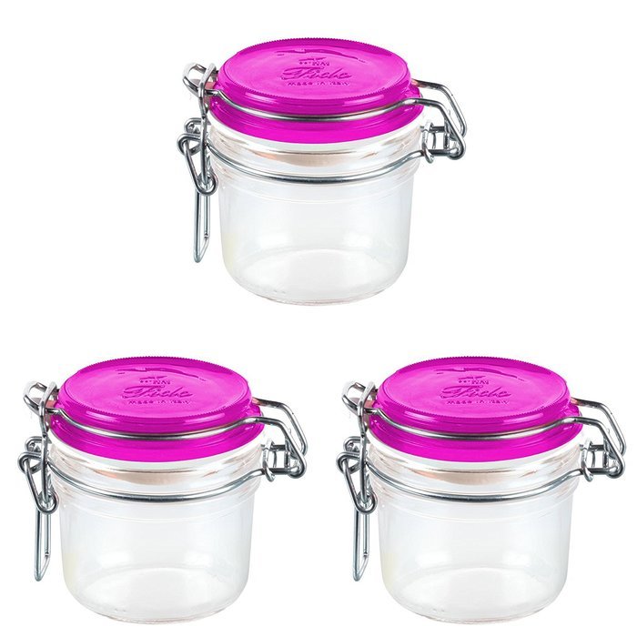 Bormioli Rocco: 3 "Fido" Jars (Capacity: 200ml - 6.76fl.oz), Fuchsia Lid [ Italian Import ]
