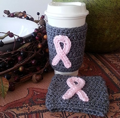 Crochet Coffee Sleeve Set of 2 Grey with Pink Ribbon Breast Cancer Awareness