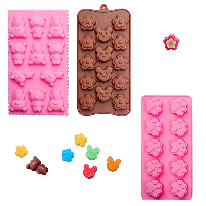 Poproo Bear Shaped Silicone Candy Molds Jello Chocolate Mold Ice Cube Tray - Bear Figure, Head, Paw Print (Set... N4