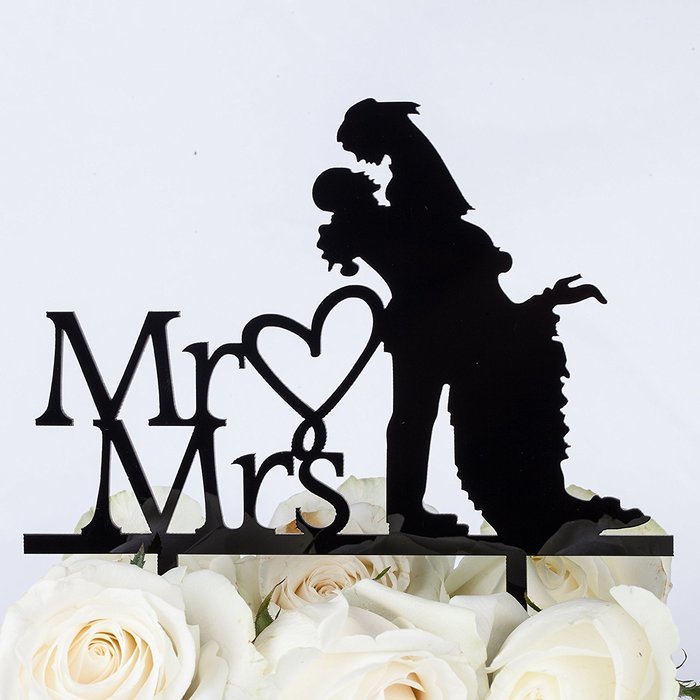 LOVENJOY with Gift Box Sparkling Mr and Mrs Monogram Bride Groom Silhouette Wedding Cake Topper (6-inch, Silver... N15