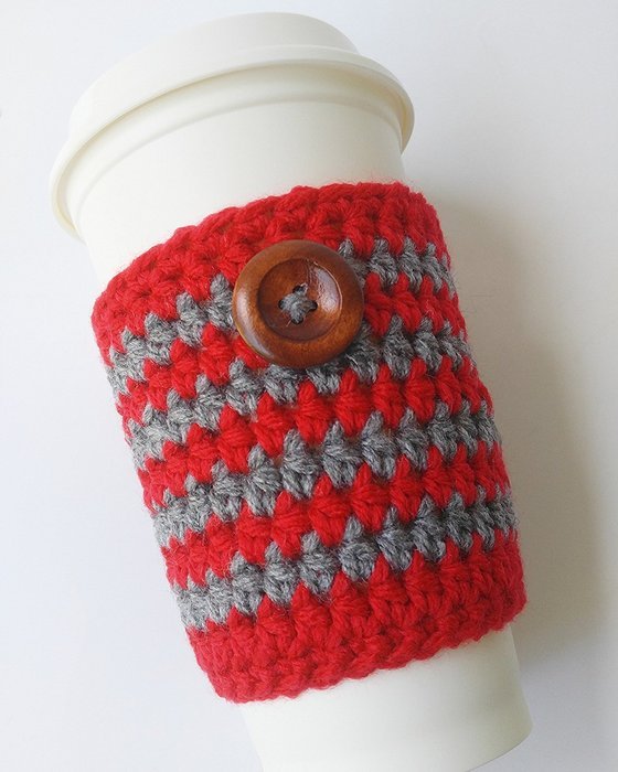 Travel Mug Cozy Striped Red and Grey Cup Wood Button N3