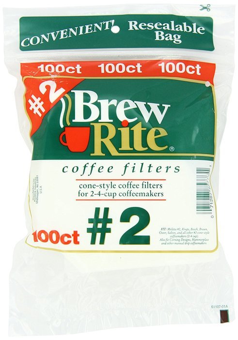 Brew Rite #2 Cone Coffee Filters, White Paper, 100-Count Bags (Pack of 8) N2