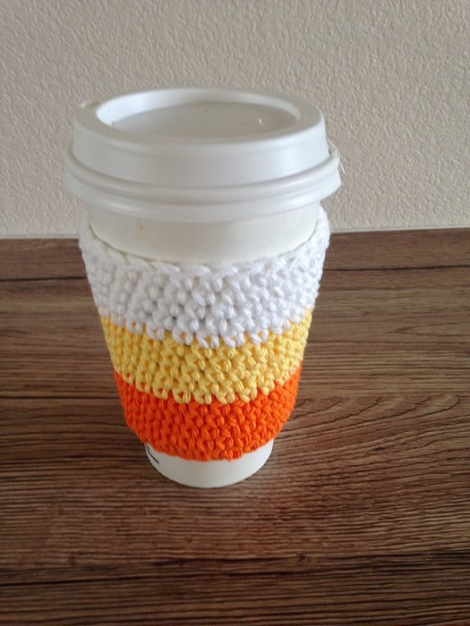 Crochet cup cozy, coffee cup sleeve, reusable coffee sleeve, coffee cup cozy in candy corn colors, orange, yellow... N6