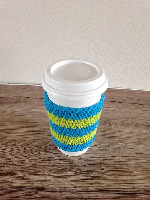 Crochet cup cozy, coffee cup sleeve, reusable coffee sleeve, coffee cup cozy in bright blue and lime green stripes N3