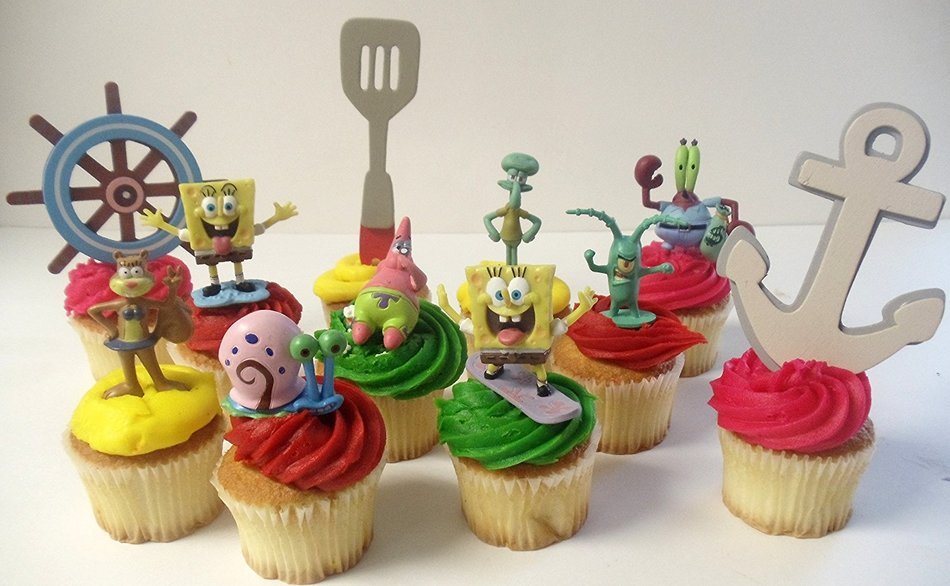 Spongebob SquarePants 11 Piece Birthday Cupcake Topper Set Featuring 2" to 3" Cupcake Toppers of Squidward, Sandy... N6
