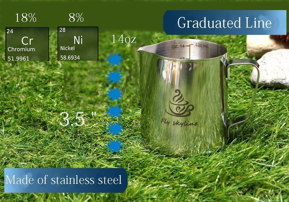 Fly Skyline Stainless Steel 14oz Milk Frothing Pitcher, Measurements Inside the Pitcher While Enjoying Precise... N6