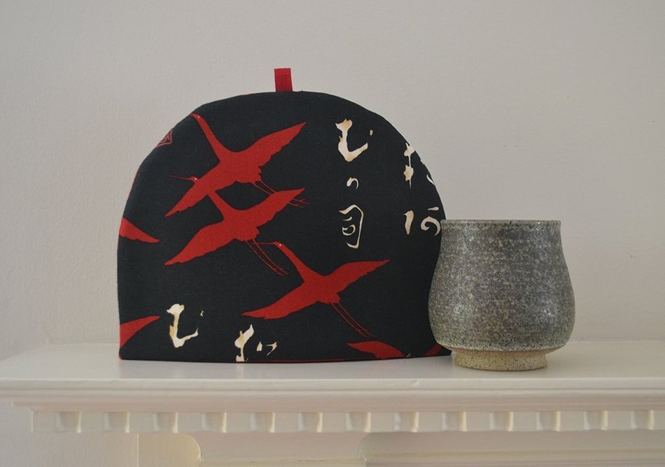 Artisanal Cotton Insulated Cotton Tea Cozy - Japanese Nocturnal Scene With Flying Cranes