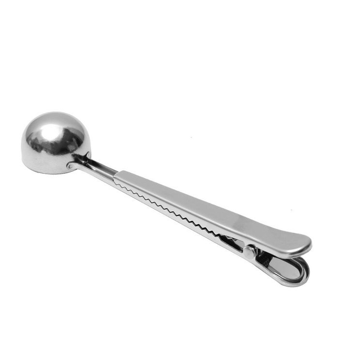 7" Premium Stainless Steel Coffee Measuring Scoop and Resealing Clip in One N2