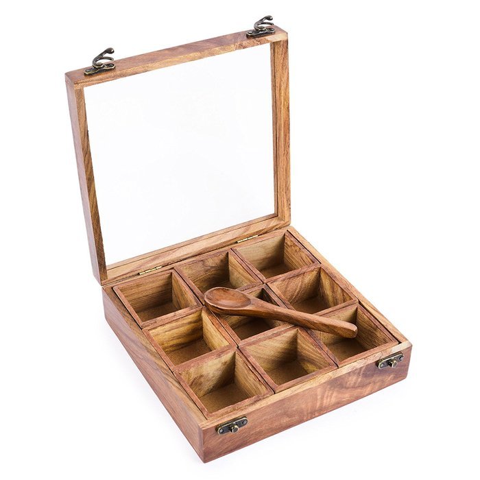 Rusticity Wood Tea / Spice Storage Box with Plastic Lid, Spoon and 9 removable pockets | Handmade | (8x8 in) N5