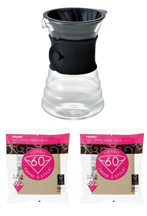 Hario V60 Drip Decanter Sold Together with Two Extra Sets of Hario Paper Filters (Total of 210 Filters) N2