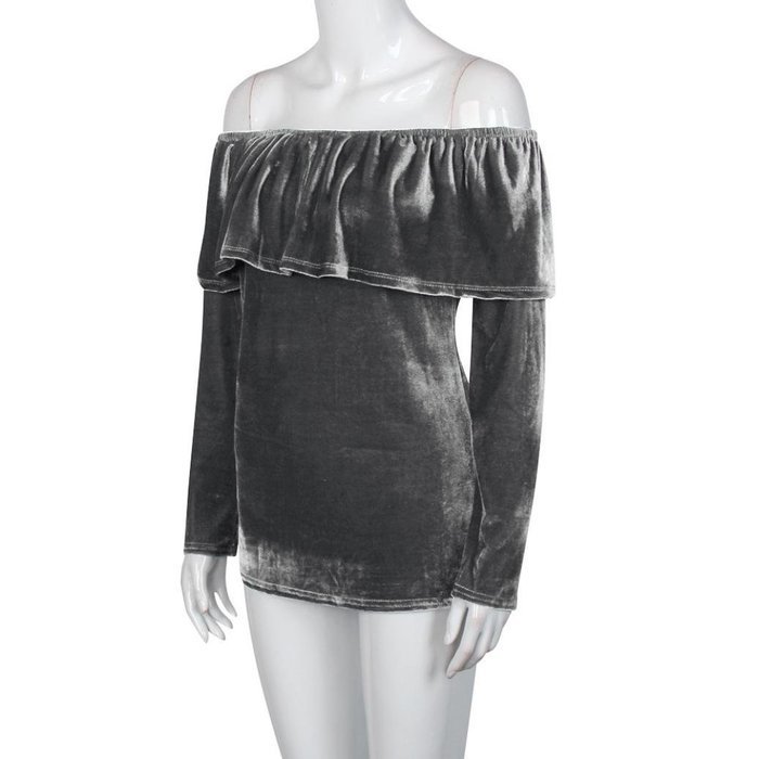 Women's Blouse,Laimeng Winter Velvet Long Sleeve Off Shoulder Flared Casual Tops Blouse (M, Gray) N8