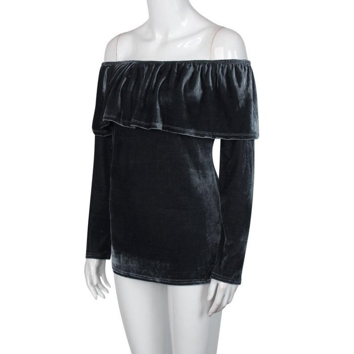 Women's Blouse,Laimeng Winter Velvet Long Sleeve Off Shoulder Flared Casual Tops Blouse (M, Gray) N11