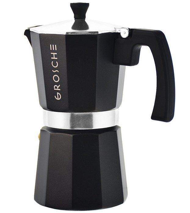 GROSCHE Milano Moka Stovetop Espresso Coffee Maker with Italian Safety Valve and Protection Handle, Black, 3 cup N17