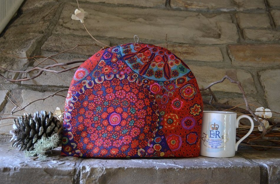 Red or Blue Artisanal Cotton Insulated Tea Cozy Kaffe Fassett Print Millefiori - 4 Sizes Available N2
