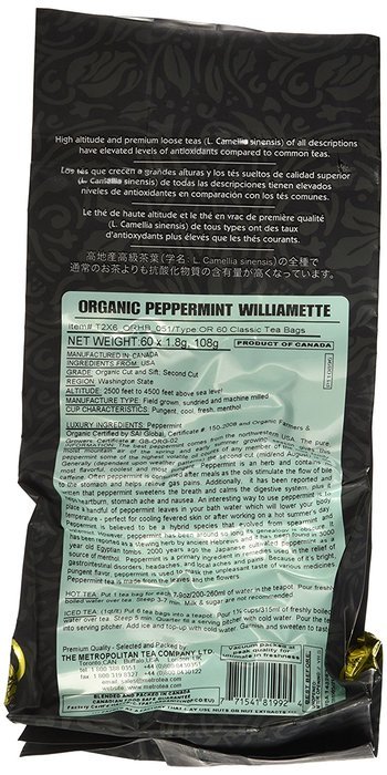 Metropolitan Tea 60 Count Classic Teabags, Organic Peppermint Willamette Tea N4