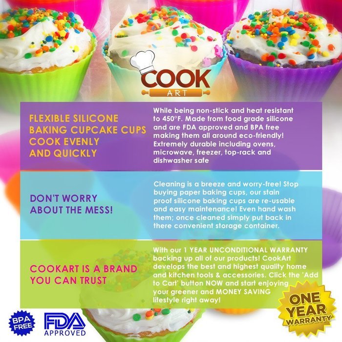 CookArt Silicone Reusable Baking Cupcake Cups Non-Stick 12 Liners Molds 6 Colors N6
