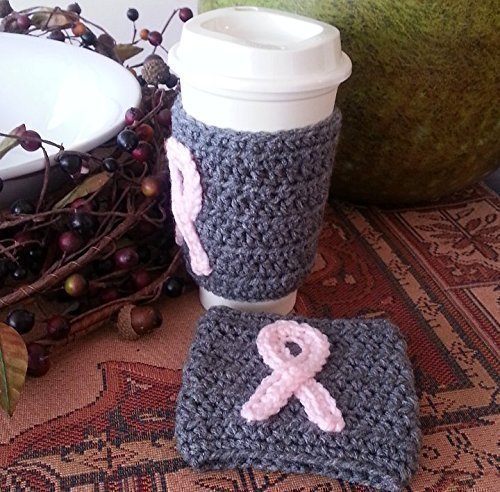 Crochet Coffee Sleeve Set of 2 Grey with Pink Ribbon Breast Cancer Awareness N2