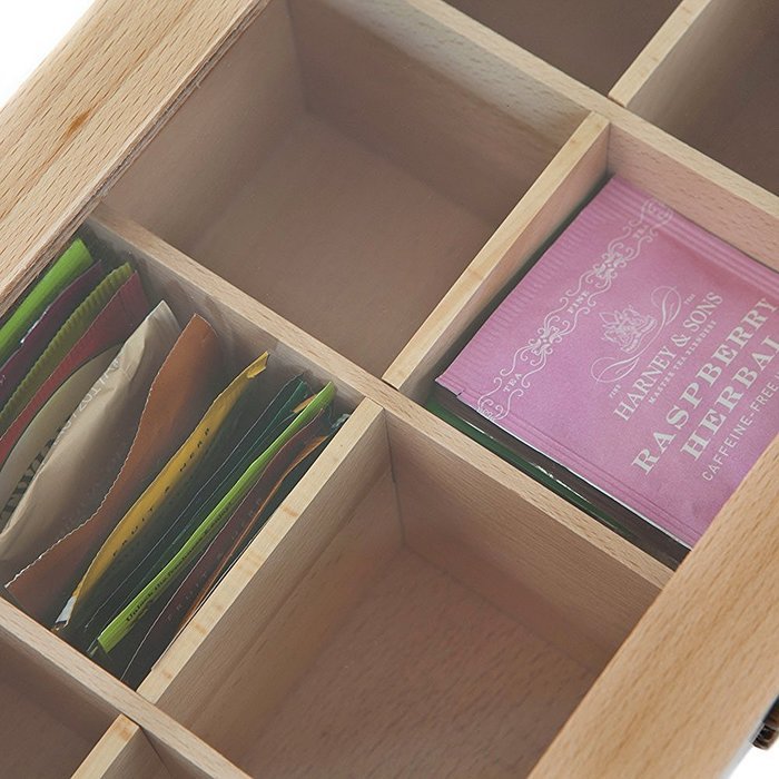Wood Tea Box &ndash; Tea Bag Organizer &ndash; 8 Compartment Storage Chest with Clear Glass Lid & Front Hook &ndash; Caddy for Jewelry... N3