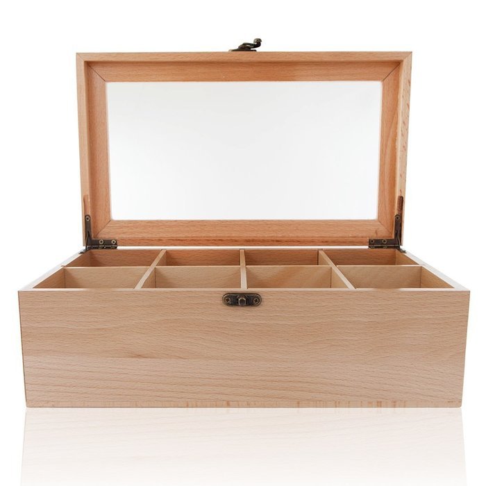 Wood Tea Box &ndash; Tea Bag Organizer &ndash; 8 Compartment Storage Chest with Clear Glass Lid & Front Hook &ndash; Caddy for Jewelry... N4