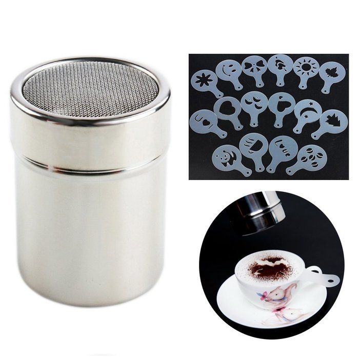 FairTree Coffee Duster Fine Mesh Flour Coffee Shaker Stainless Steel and 16pcs Cappuccino Coffee Stencils Template... N3