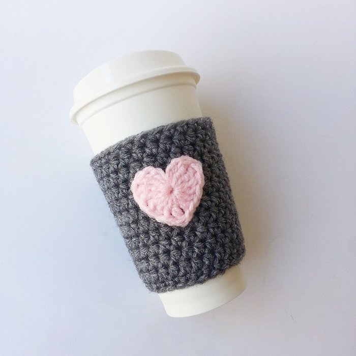 Coffee Cozy Grey with Pink Heart Applique Fits 12 to 20 Ounce Cup N3