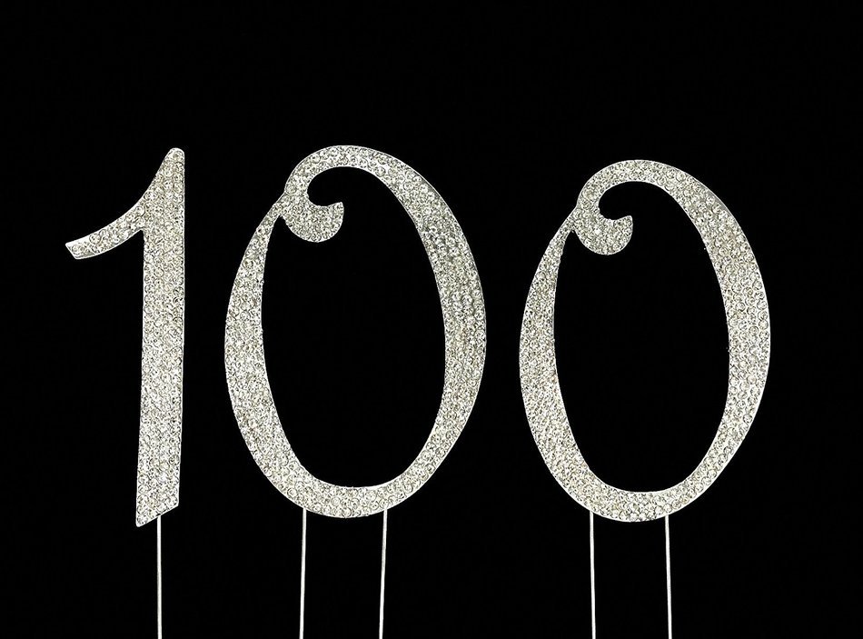 Large 100th Birthday Cake Topper with Sparkling Rhinestone Crystals - 4 1/2