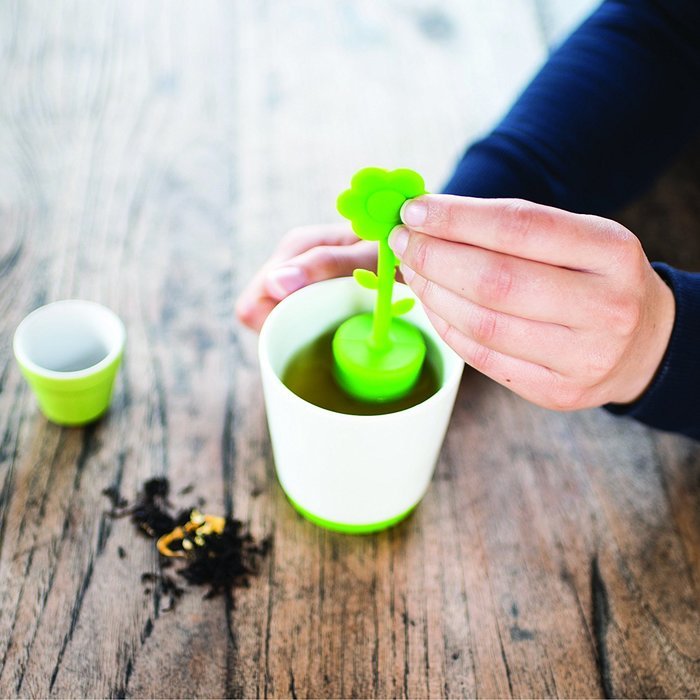 Premium Tea Infuser 4 Piece Set: Silicone Infuser, Ceramic Flower Pot Holder, and Ceramic Tea Mug with Built In... N3