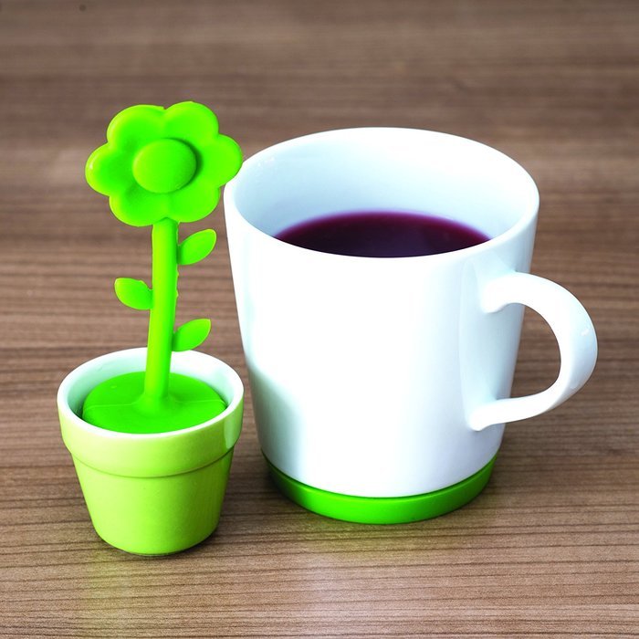 Premium Tea Infuser 4 Piece Set: Silicone Infuser, Ceramic Flower Pot Holder, and Ceramic Tea Mug with Built In... N5