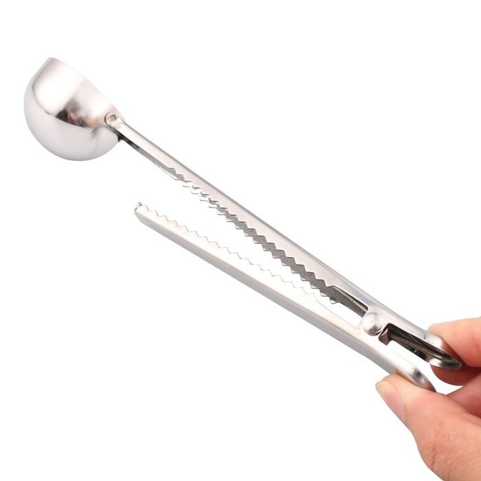 7" Premium Stainless Steel Coffee Measuring Scoop and Resealing Clip in One N3