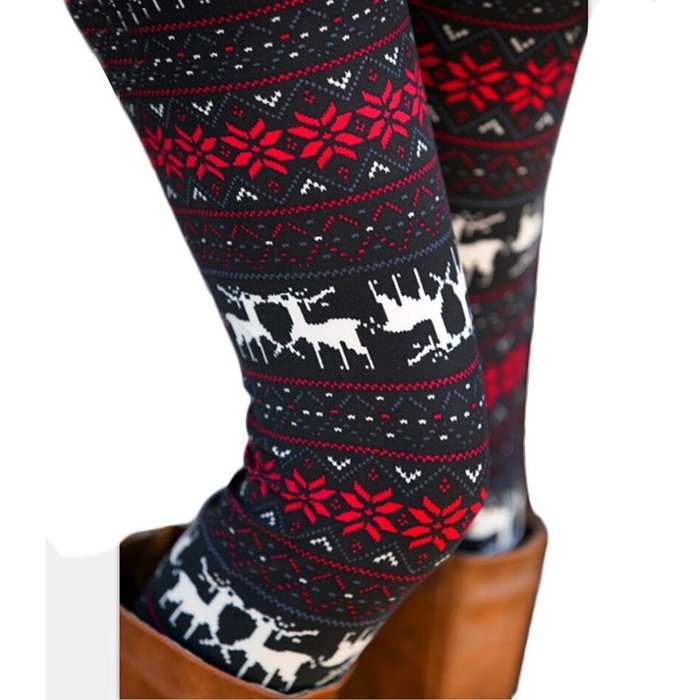 PHOTNO Women Skinny Leggings Stretchy Flower Deer Printed Pencil Tight Pants