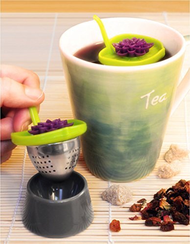 Fackelmann 49115 2x2, 8" Tea Ball "Lotus" With Cup, Green/Pink/Grey N7
