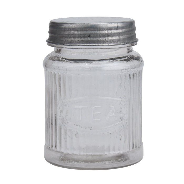 Stonebriar SB-5837A Small Pressed Glass Tea Leaf Container with Galvanized Lid, Clear