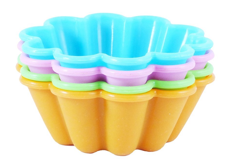 Bakerpan Silicone Mini Cake Pan, Flower Shape Large Muffin Cup, 3 1/2 Inch Baking Cups, 4 Pack N3