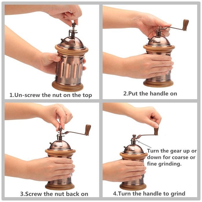 3E Home Manual Canister Stainless steel Burr Coffee Mill Grinder, Stainless Steel Top, and Antique Copper Body N5