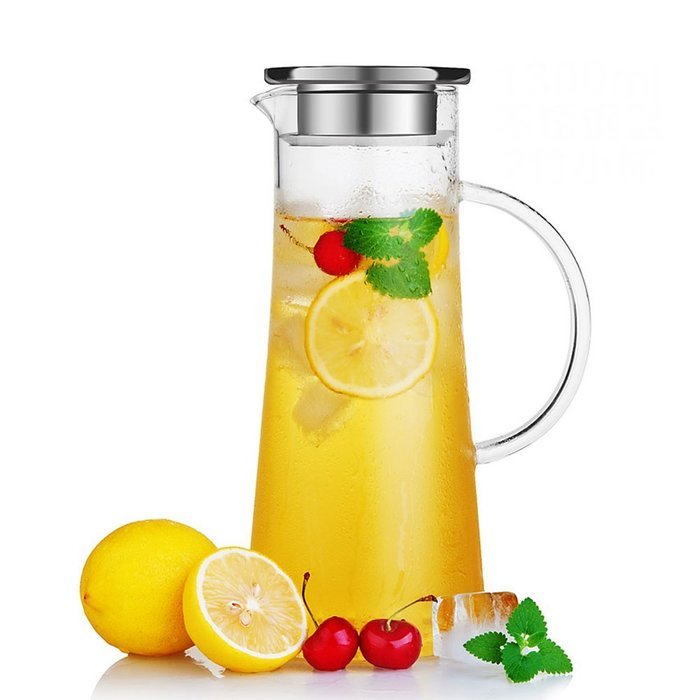 Hiware Borosilicate Glass Water Carafe Pitcher with Stainless Steel Infuser Lid, 50 oz. N2