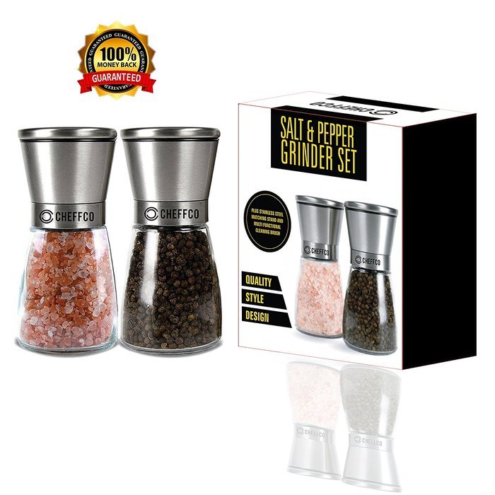 Cheffco Salt and Pepper Grinder Set with Adjustable ceramic Coarseness and Matching Stand, Crystal Glass & Brushed... N3