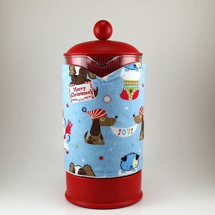 French Press Cozy, Cafetiere Cosy, Christmas, Holiday Dog Theme N2