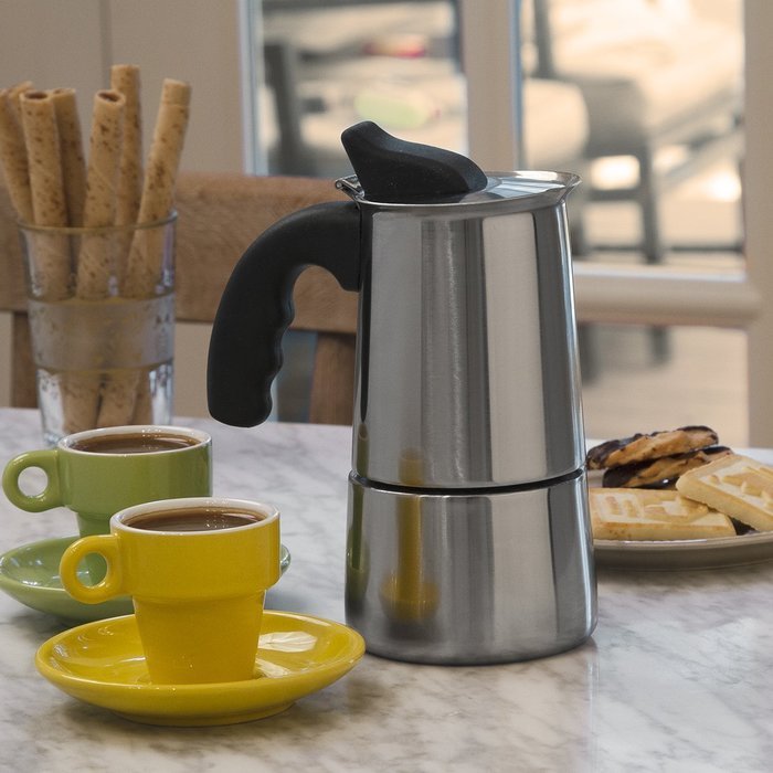Primula 6-Cup Espresso Maker &ndash; Finely Crafted Stainless Steel &ndash; Stay-Cool Silicone Handle and a Flip Top Lid &ndash;... N10
