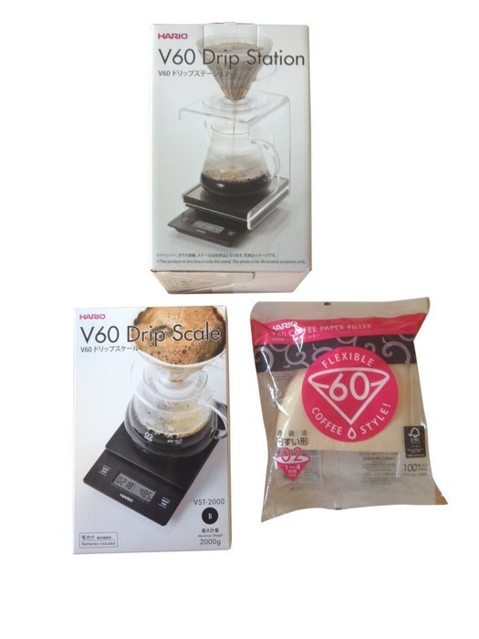 Hario V60 Set - Scale, Stand & 100 Paper Filters - All 3 Together