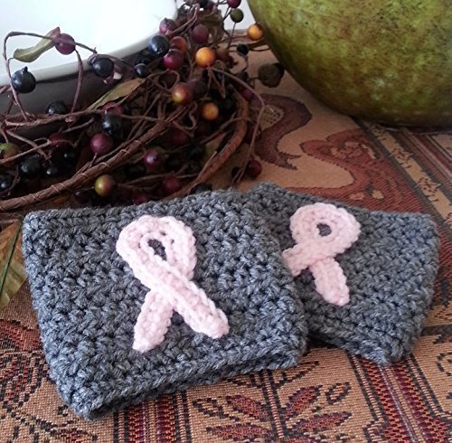 Crochet Coffee Sleeve Set of 2 Grey with Pink Ribbon Breast Cancer Awareness N3