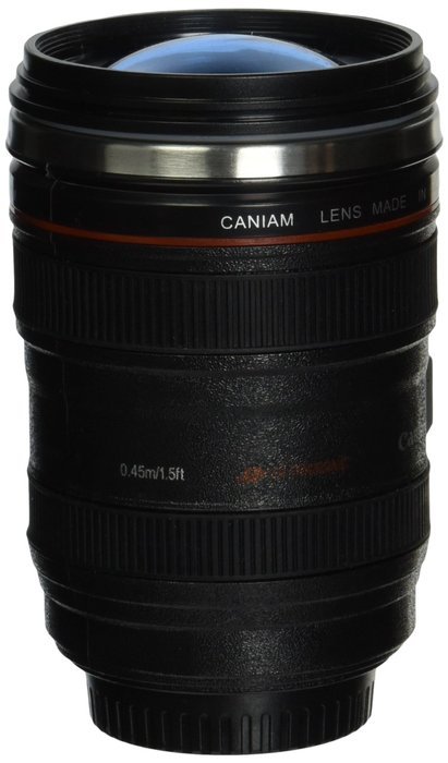 Lens Style Stainless Steel Travel Coffee Mug/Thermos with Leak-Proof Lid, 24-105mm, Black with Transparent Lid N2