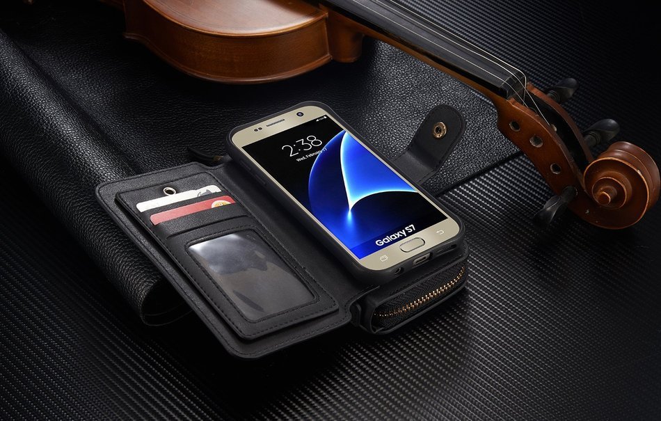 Samsung Galaxy S7 Dermis Wallet case,Aroko Handmade Genuine Cowhide Leather Wallet Cover Case Large Capacity Leather... N14