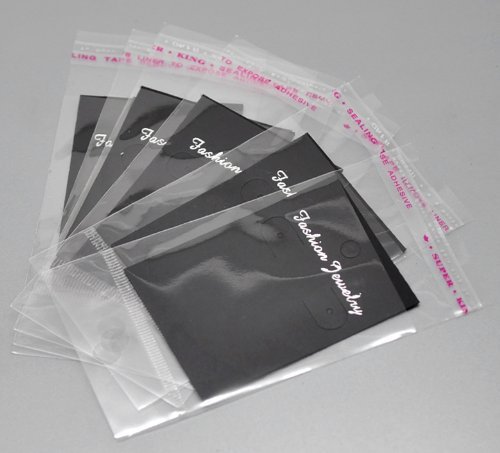 Housweety 100Sets Black Earring Display Cards 7cmx5cm W/ Self Adhesive Bags 11.5cmx6cm